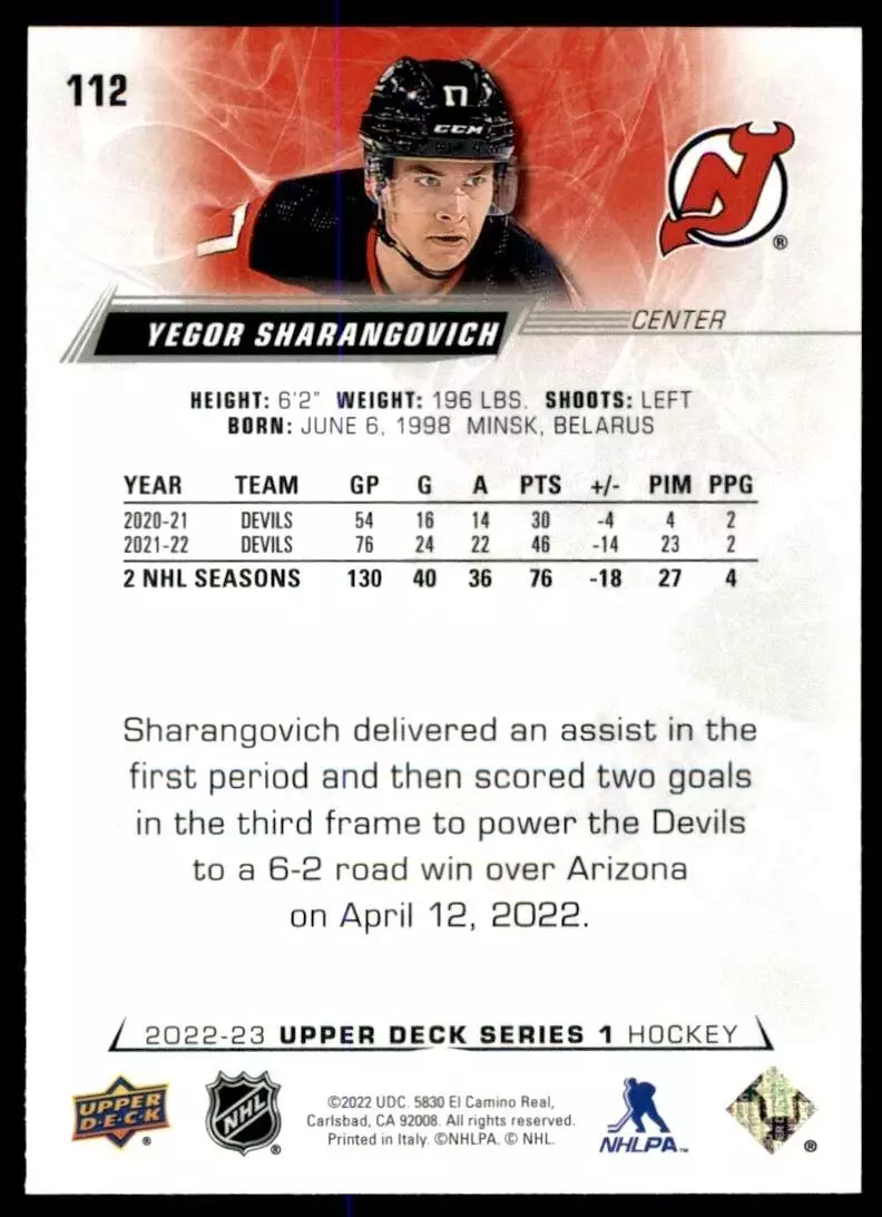 2022-23 Upper Deck #112 Yegor Sharangovich 1