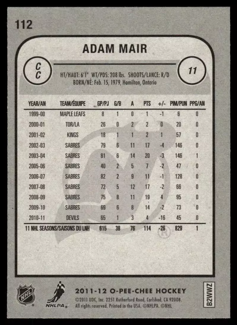 2011-12 O-Pee-Chee #112 Adam Mair 1