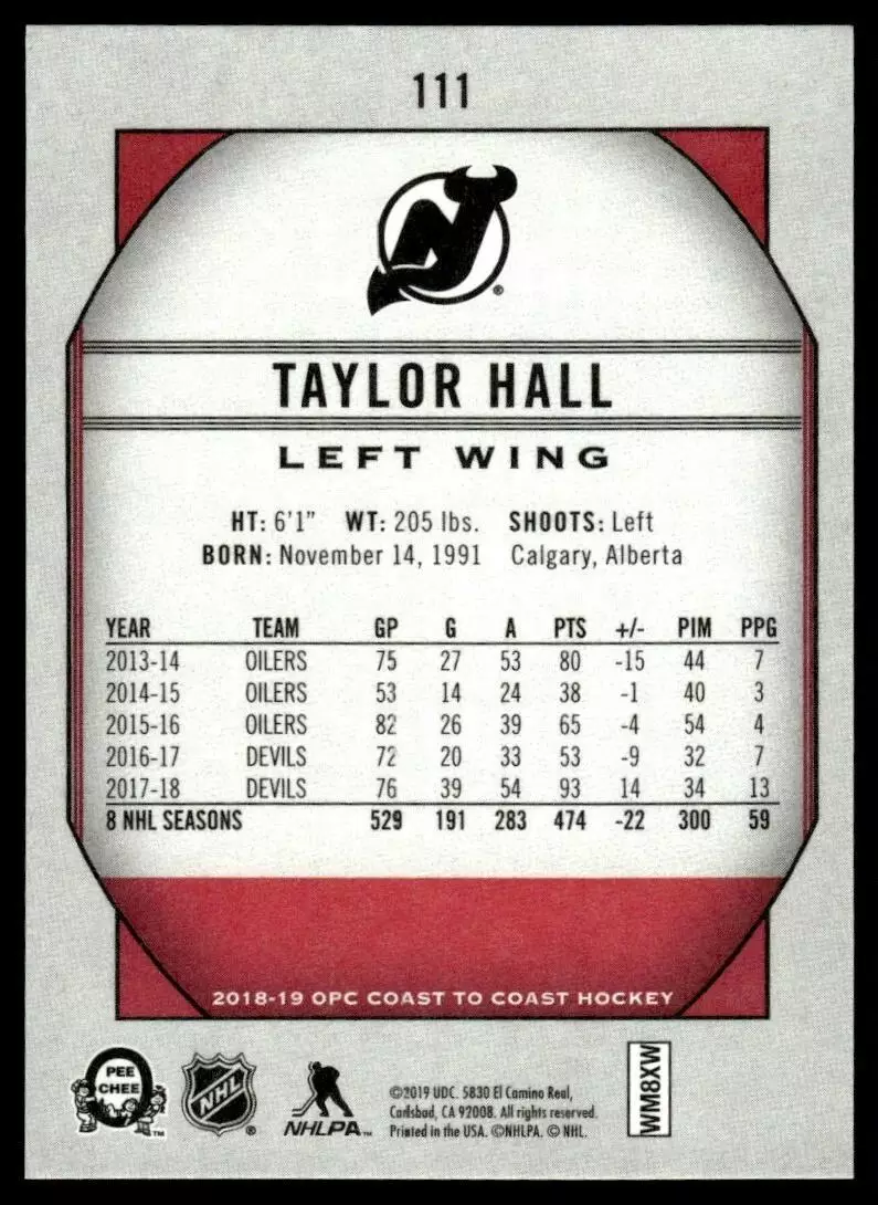 2018-19 O-Pee-Chee Coast to Coast Red #111 Taylor Hall 1