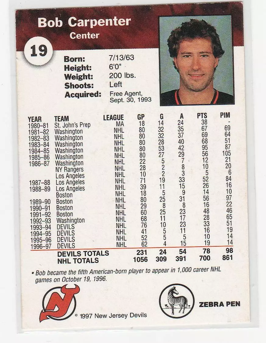 1996-97 Devils Team Issue #19 Bob Carpenter 1