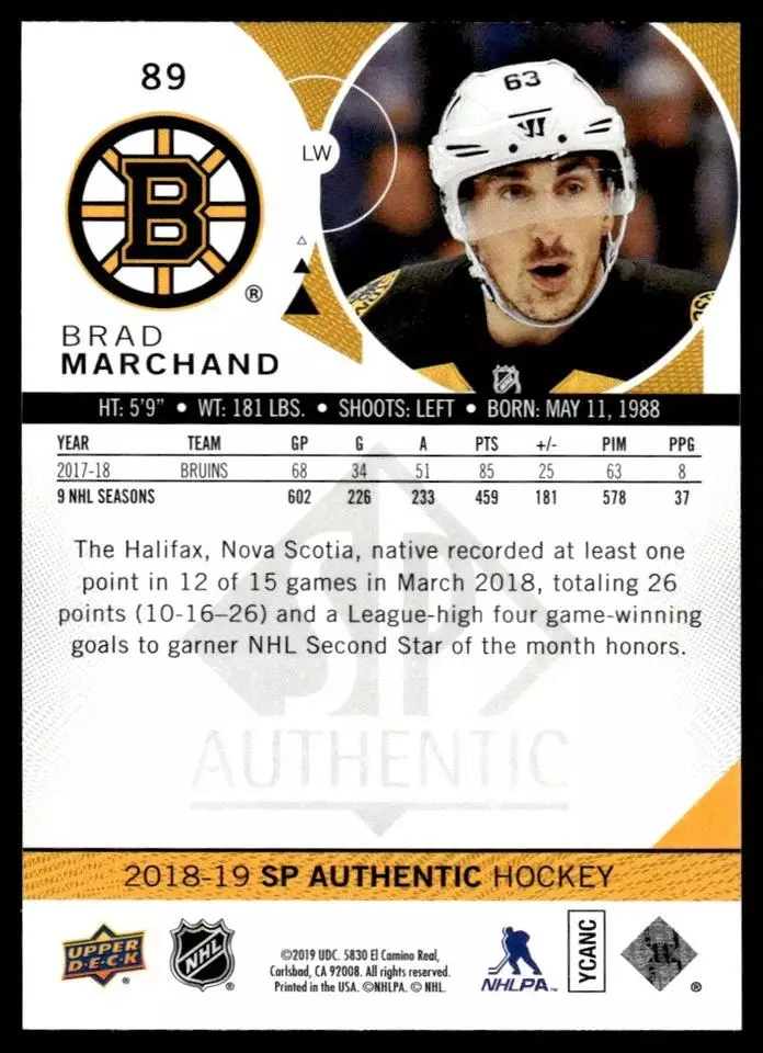 2018-19 SP Authentic #89 Brad Marchand 1