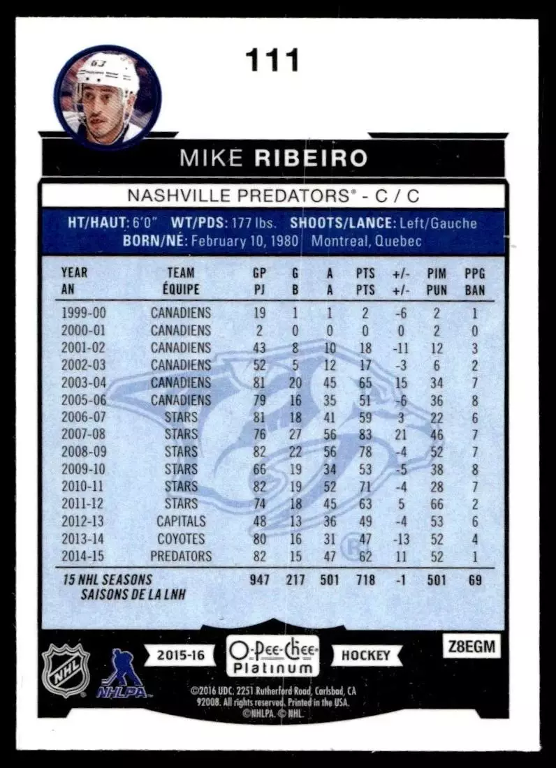 2015-16 O-Pee-Chee Platinum #111 Mike Ribeiro 1