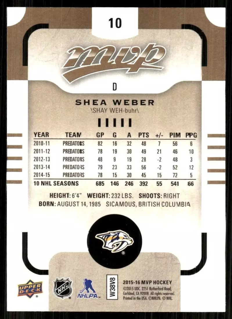 2015-16 Upper Deck MVP #10 Shea Weber 1
