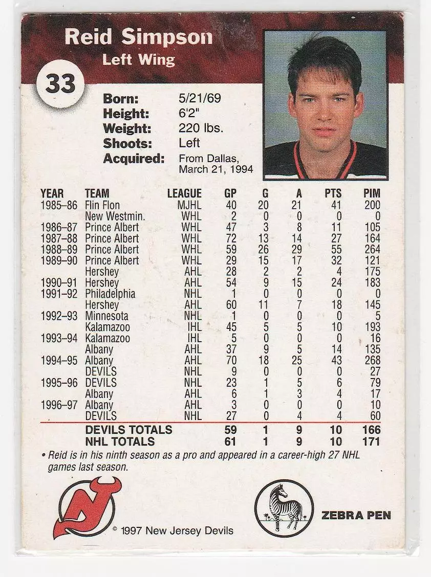 1996-97 Devils Team Issue #33 Reid Simpson 1