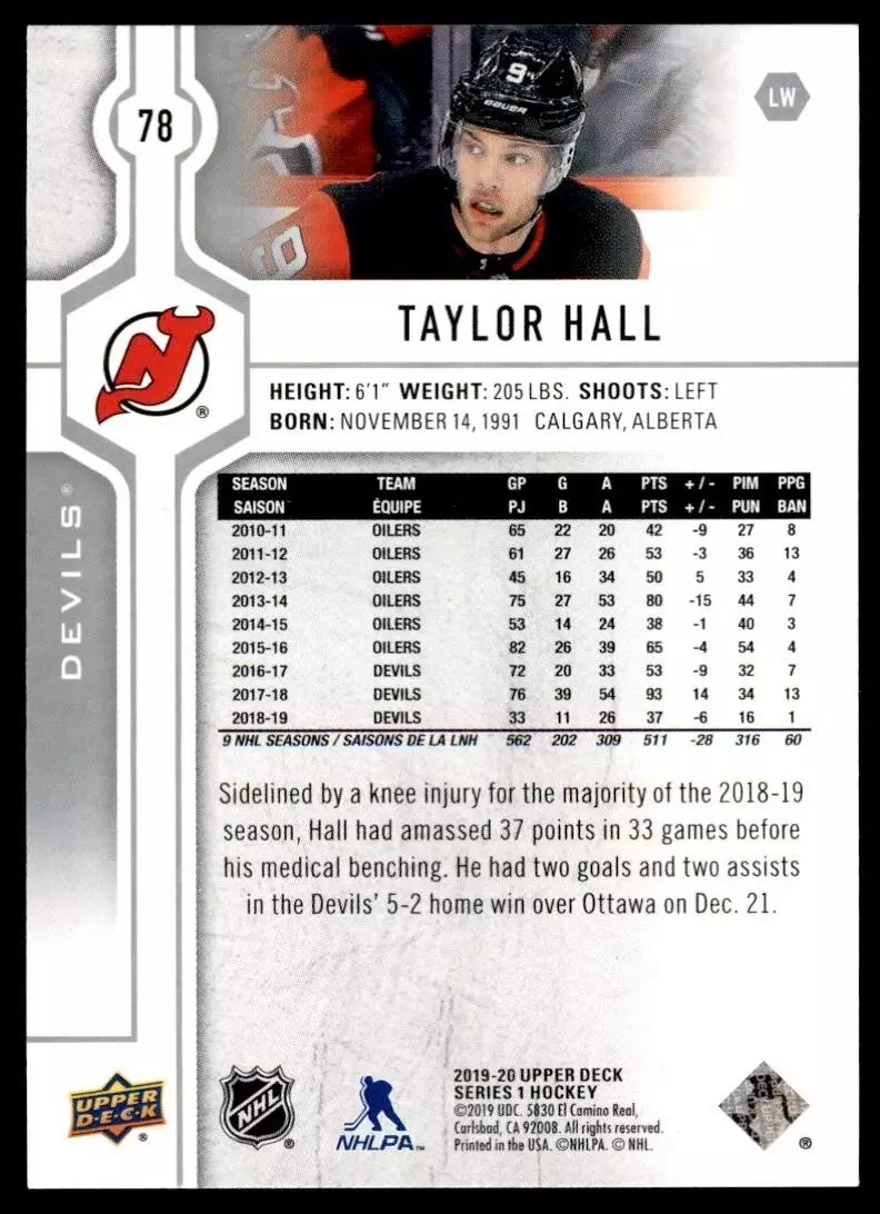 2019-20 Upper Deck #78 Taylor Hall 1