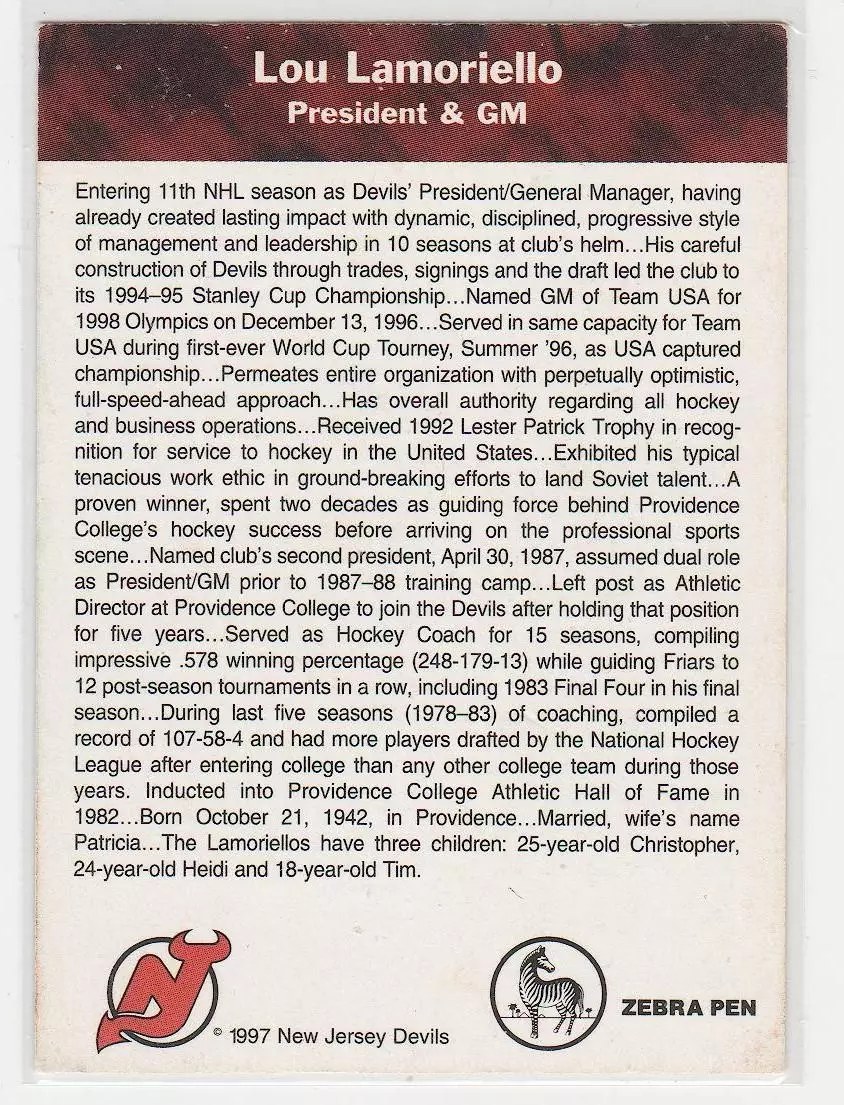 1996-97 Devils Team Issue #NNO Lou Lamoriello GM 1