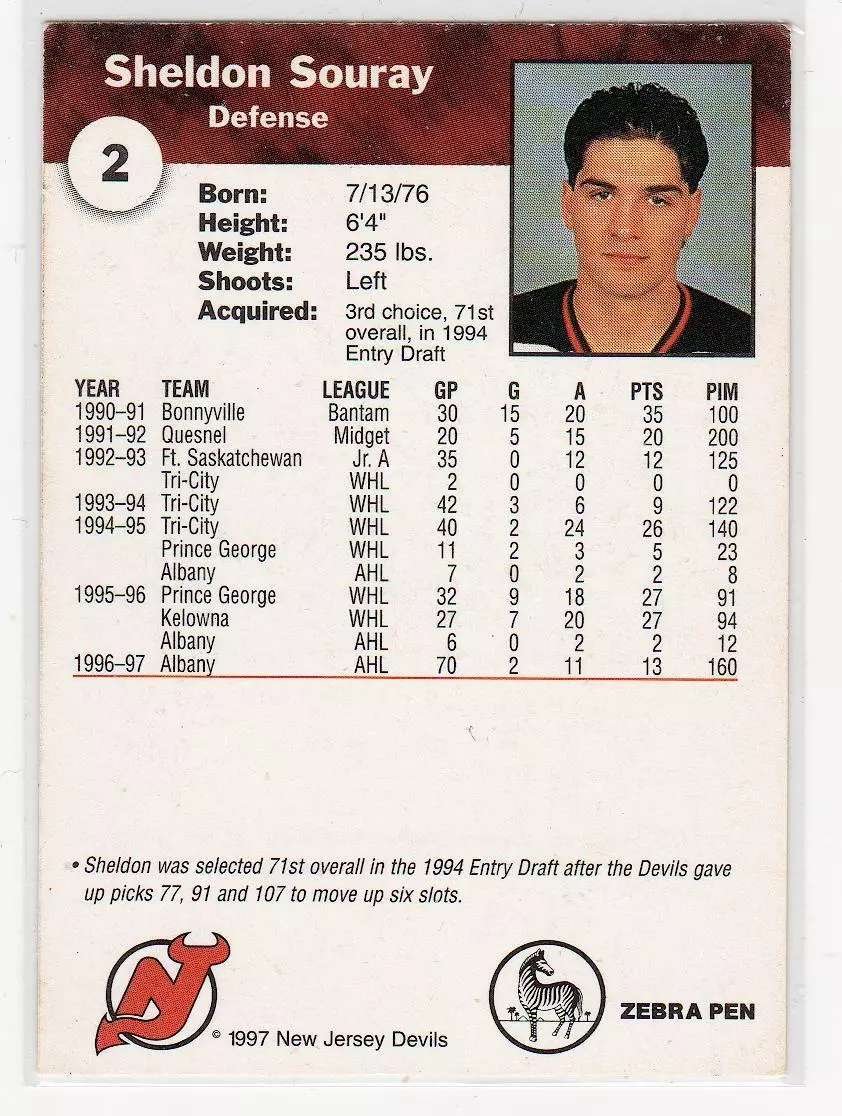 1996-97 Devils Team Issue #2 Sheldon Souray 1