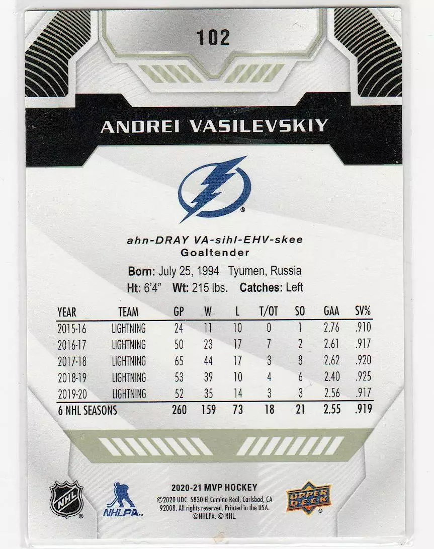 2020-21 Upper Deck MVP #102 Andrei Vasilevskiy 1