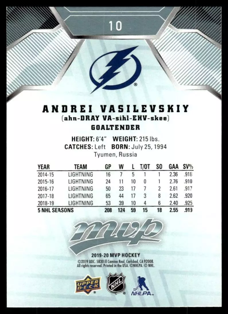 2019-20 Upper Deck MVP #10 Andrei Vasilevskiy 1