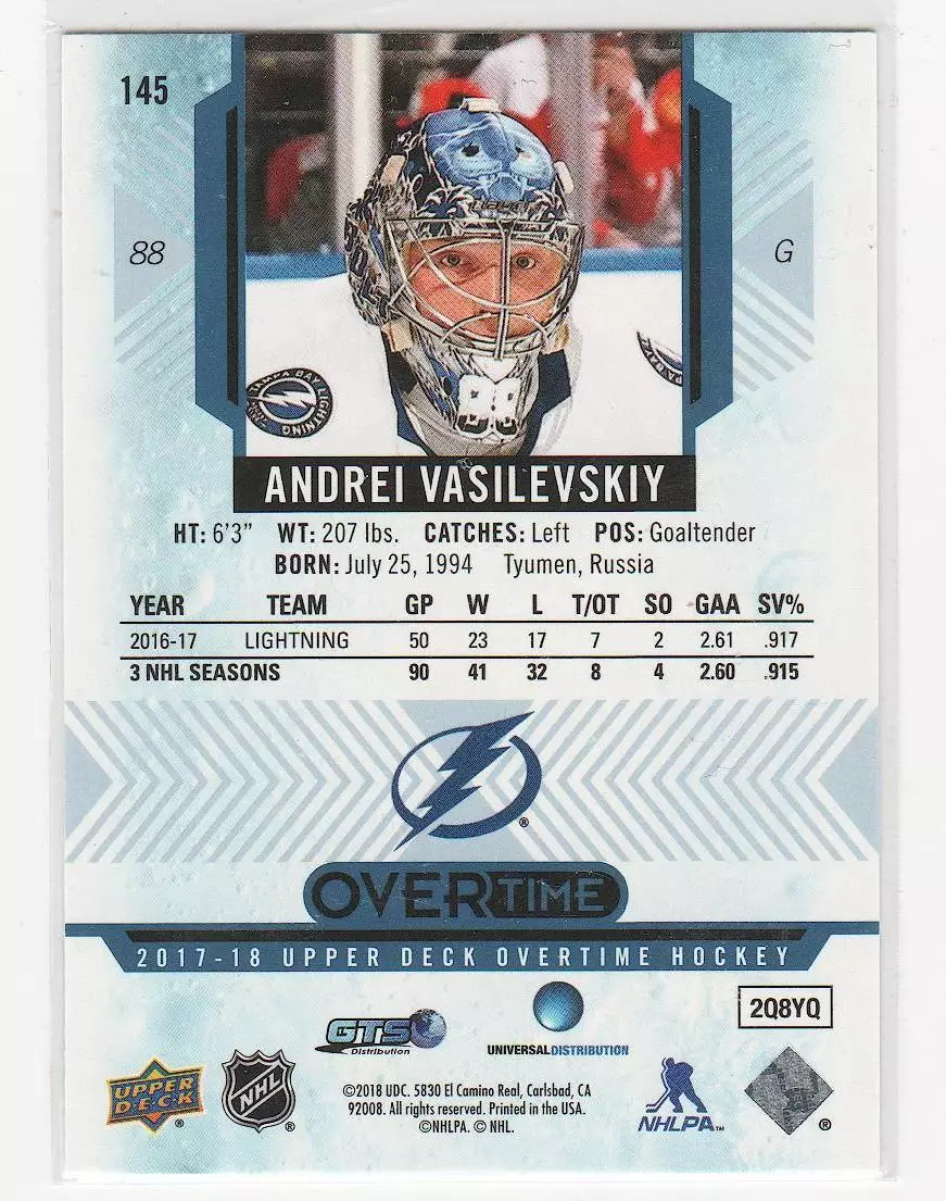 2017-18 Upper Deck Overtime Blue #145 Andrei Vasilevskiy 1