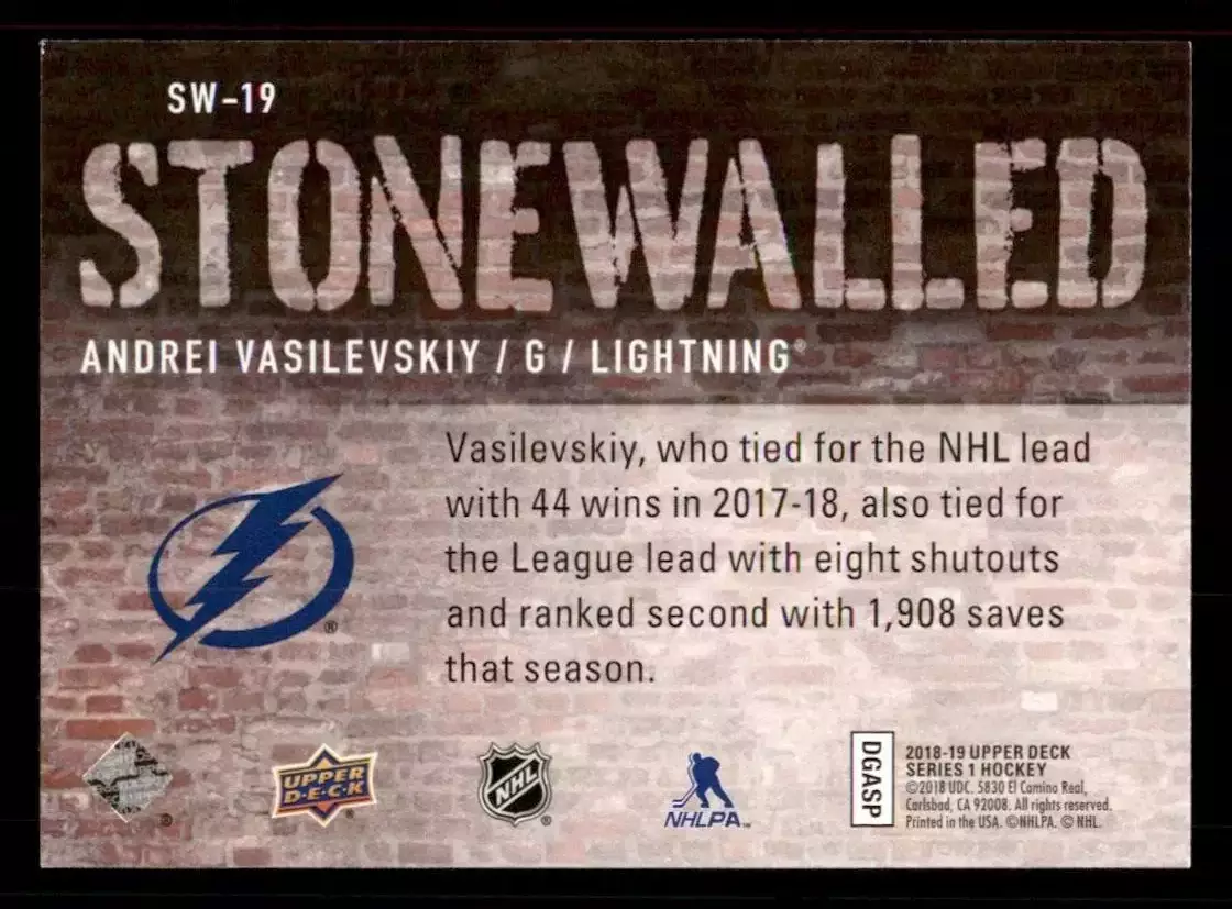 2018-19 Upper Deck Stonewalled #SW19 Andrei Vasilevskiy 1