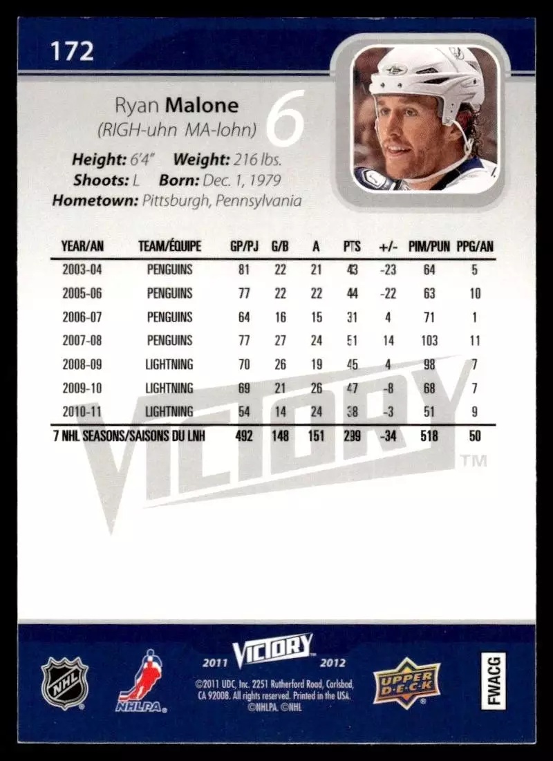 2011-12 Upper Deck Victory #172 Ryan Malone 1