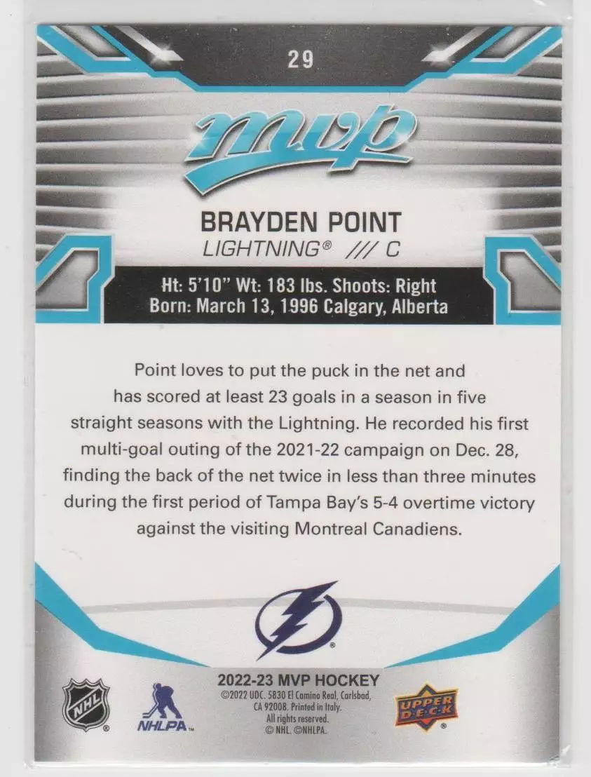 2022-23 Upper Deck MVP #29 Brayden Point 1