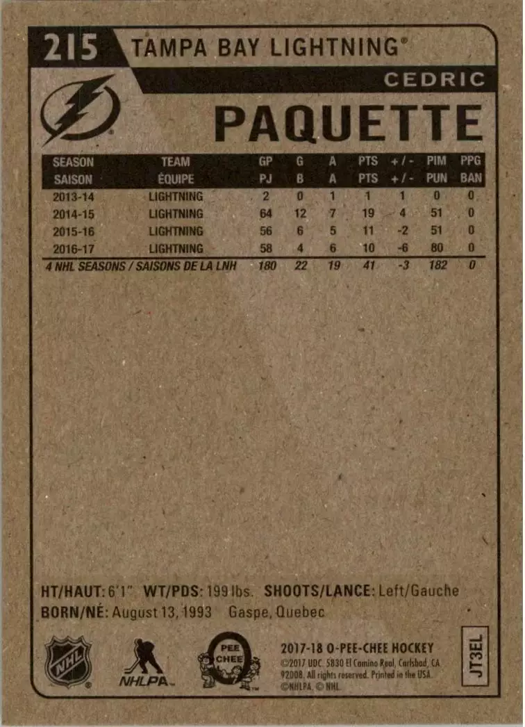 2017-18 O-Pee-Chee Retro #215 Cedric Paquette \Dynamo Moskva 1