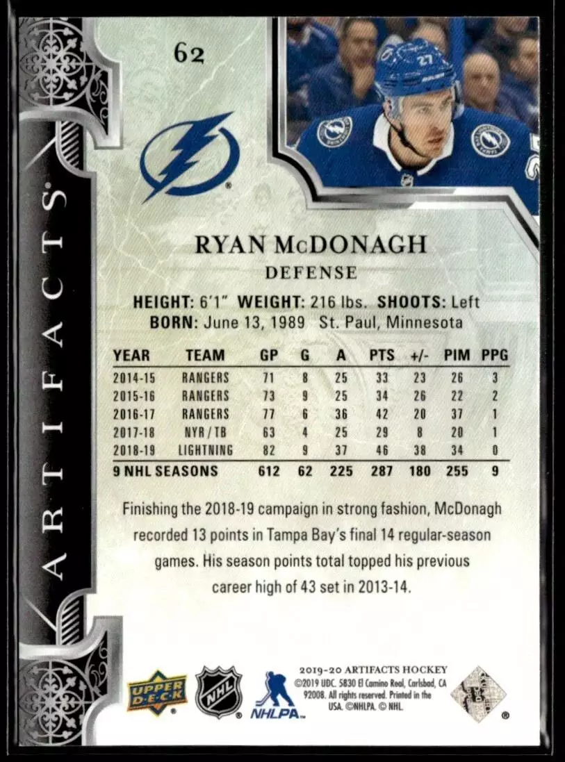 2019-20 Artifacts #62 Ryan McDonagh 1