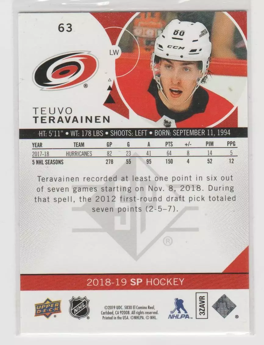 2018-19 SP Blue #63 Teuvo Teravainen 1