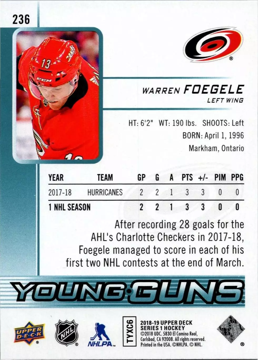 2018-19 Upper Deck #236 Warren Foegele YG RC 1