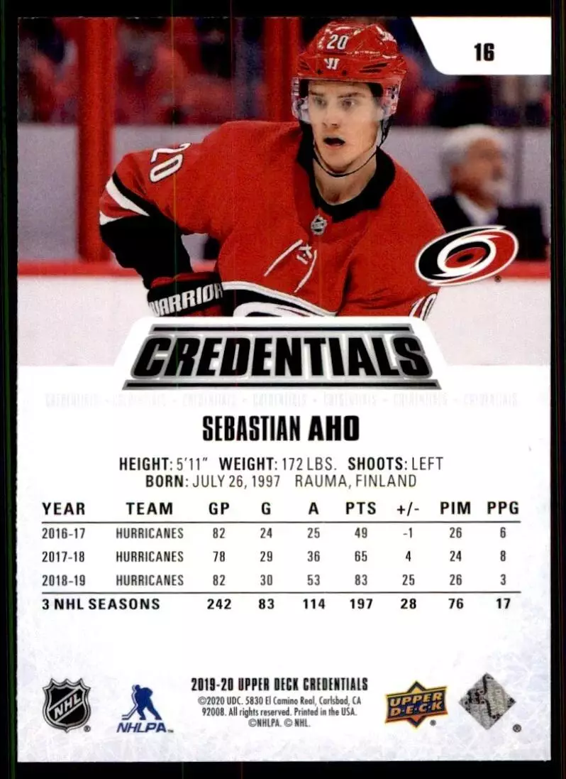 2019-20 Upper Deck Credentials #16 Sebastian Aho 1