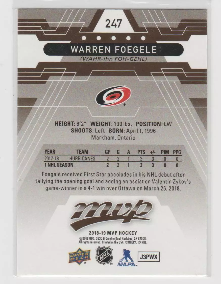 2018-19 Upper Deck MVP #247 Warren Foegele RC 1