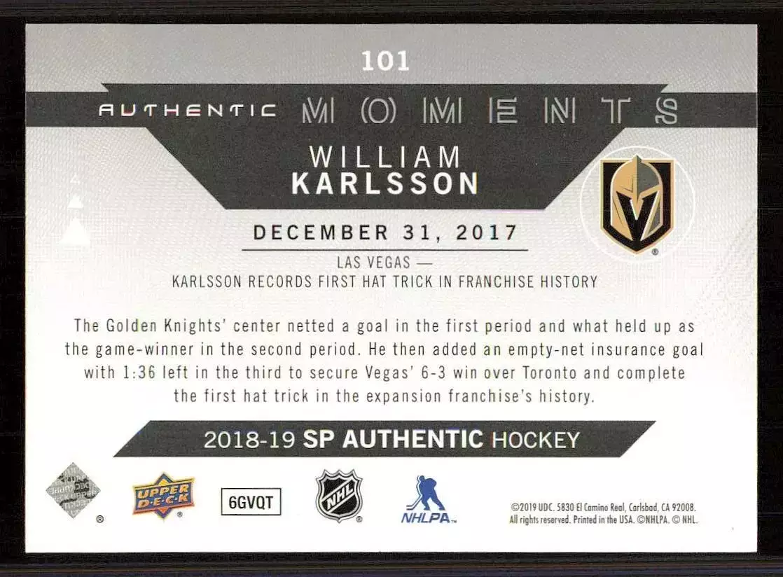 2018-19 SP Authentic #101 William Karlsson AM 1