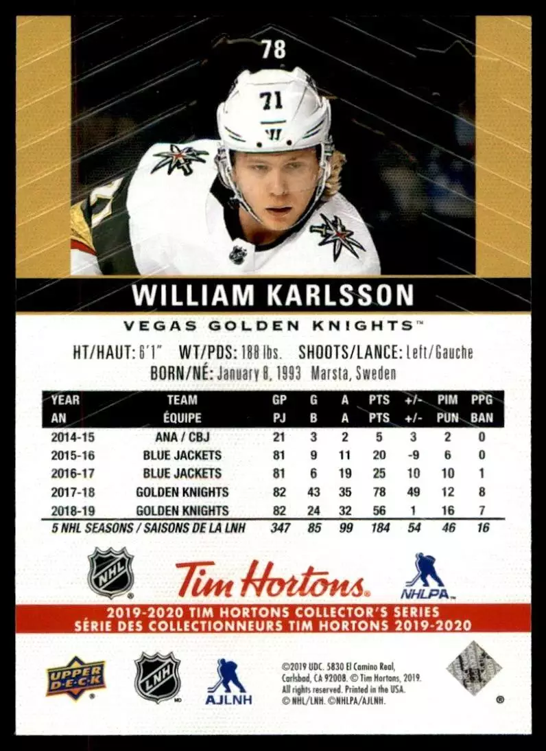 2019-20 Upper Deck Tim Hortons #78 William Karlsson 1