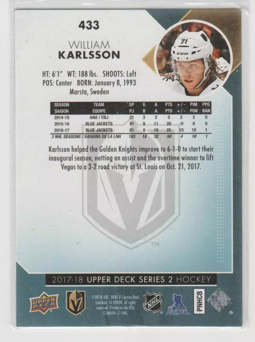 2017-18 Upper Deck #433 William Karlsson 1