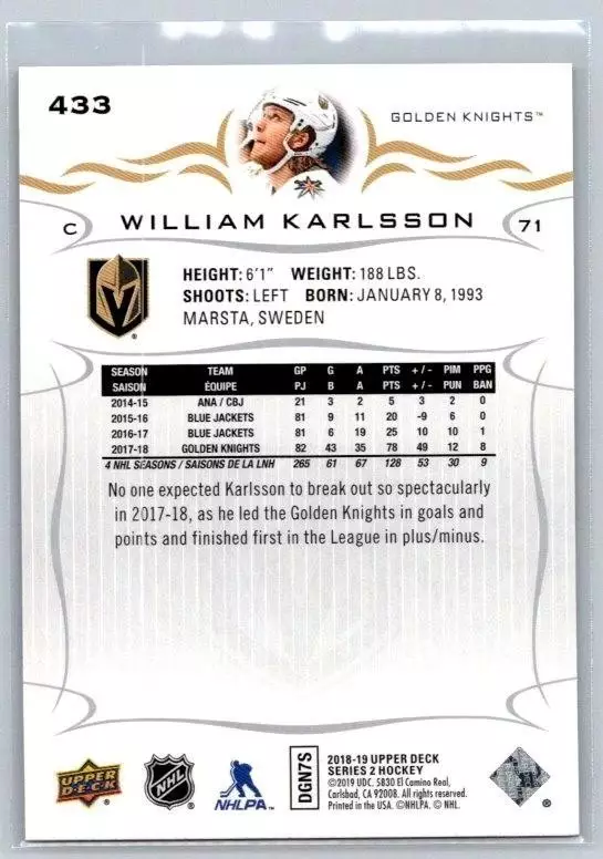 2018-19 Upper Deck #433 William Karlsson 1