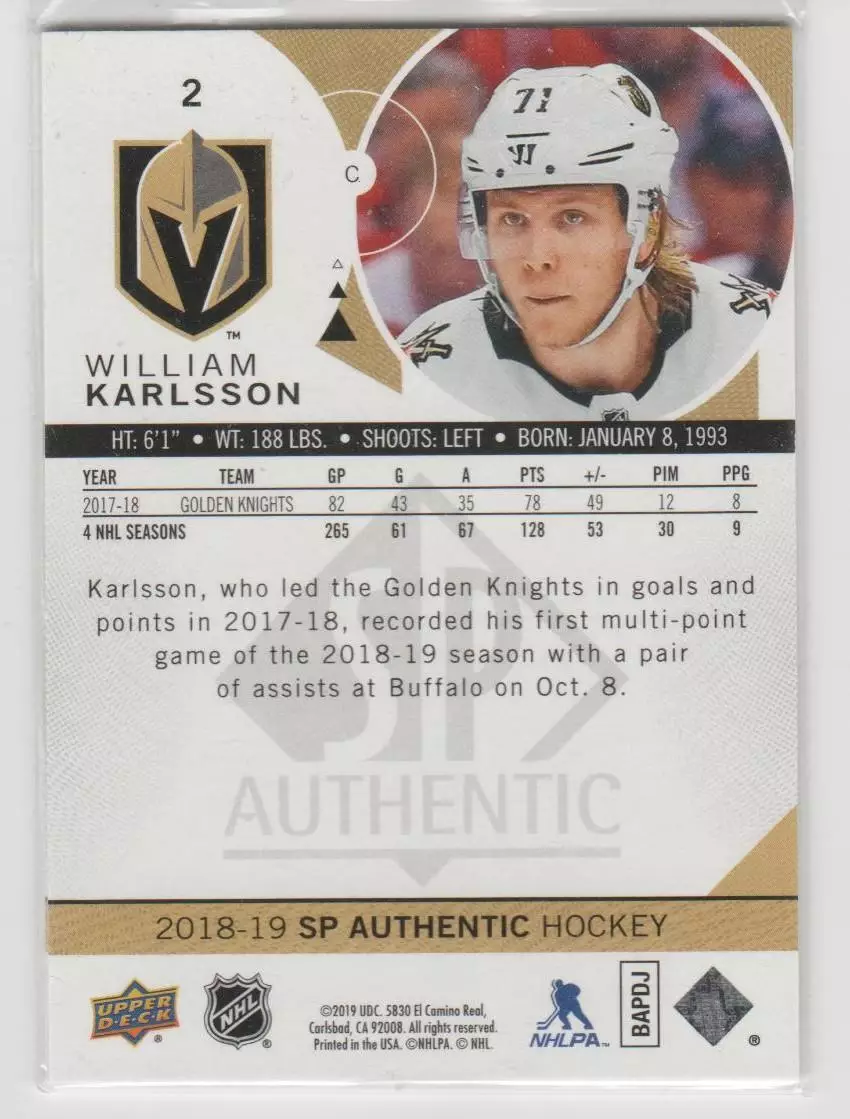 2018-19 SP Authentic #2 William Karlsson 1