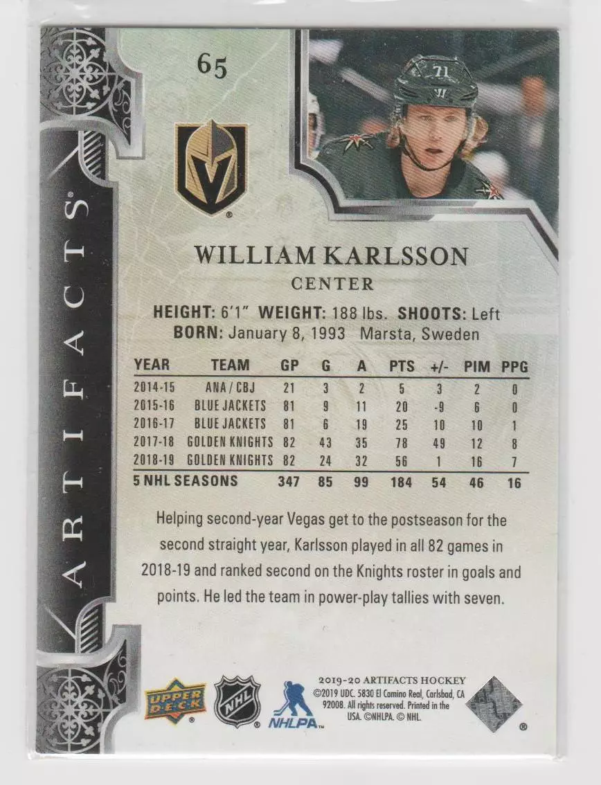 2019-20 Artifacts #65 William Karlsson 1