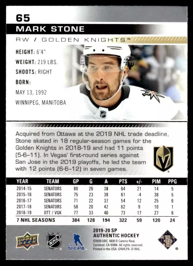 2019-20 SP Authentic #65 Mark Stone 1