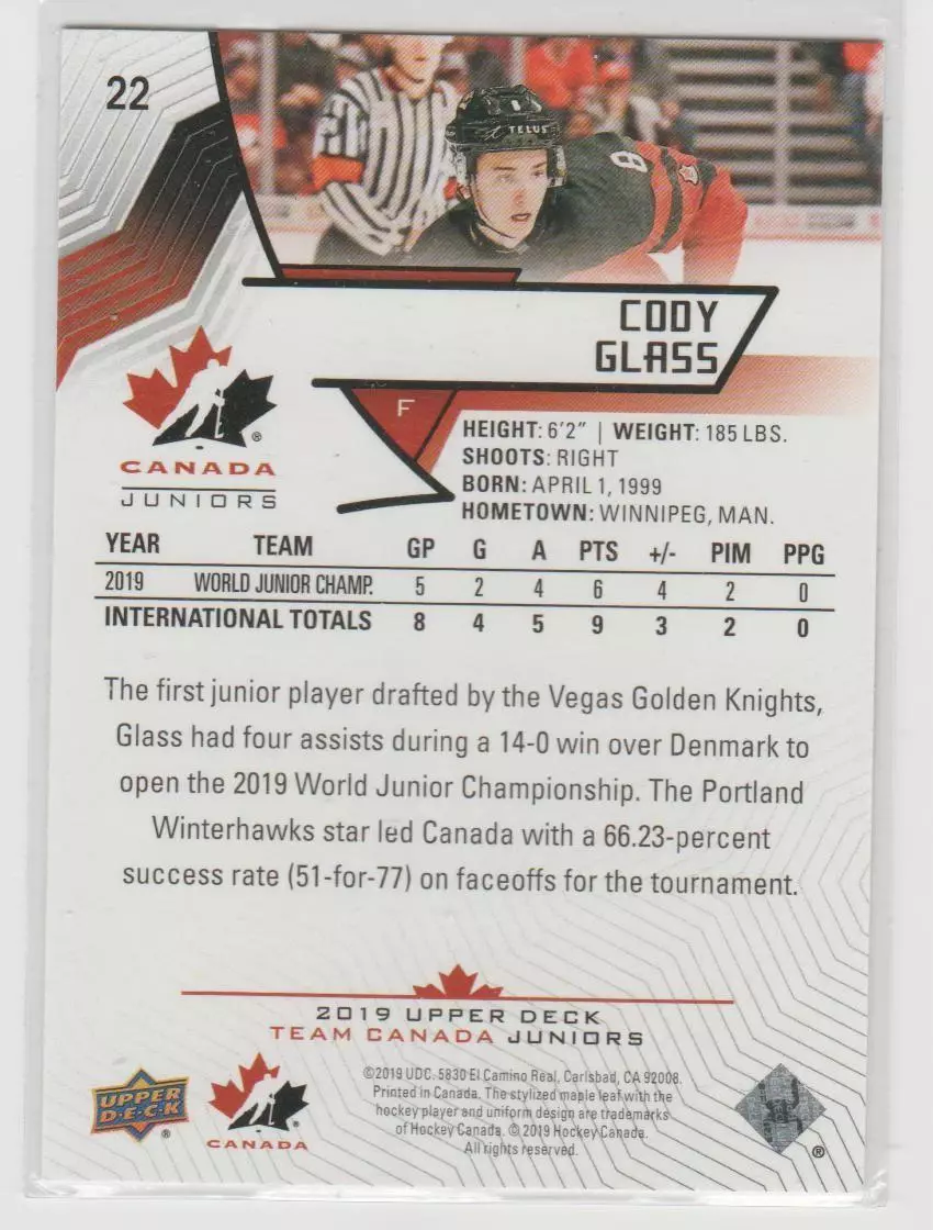 2019-20 Upper Deck Team Canada Juniors #22 Cody Glass 1