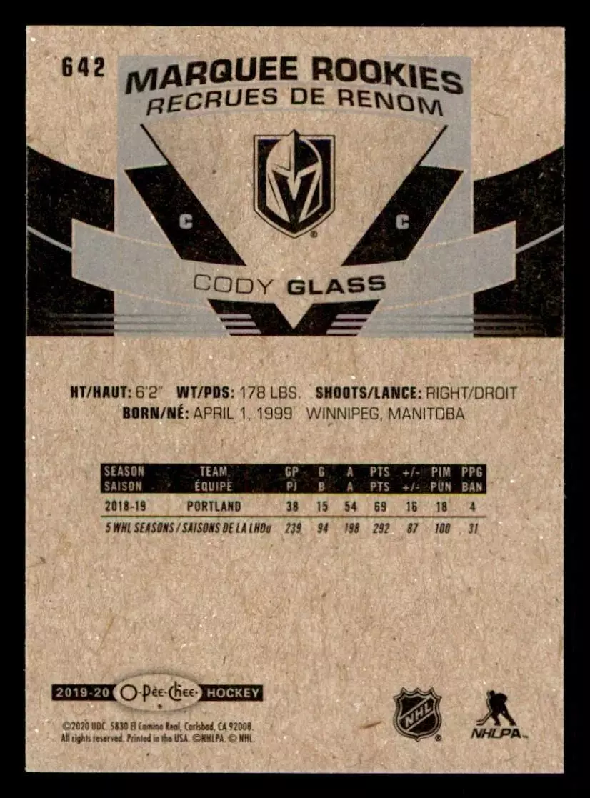 2019-20 O-Pee-Chee #642 Cody Glass RC 1