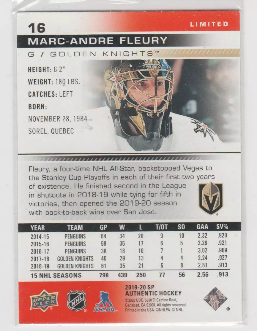 2019-20 SP Authentic Limited Red #16 Marc-Andre Fleury 1