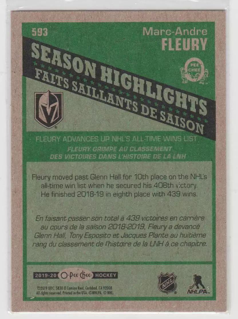 2019-20 O-Pee-Chee Retro #593 Marc-Andre Fleury SH 1