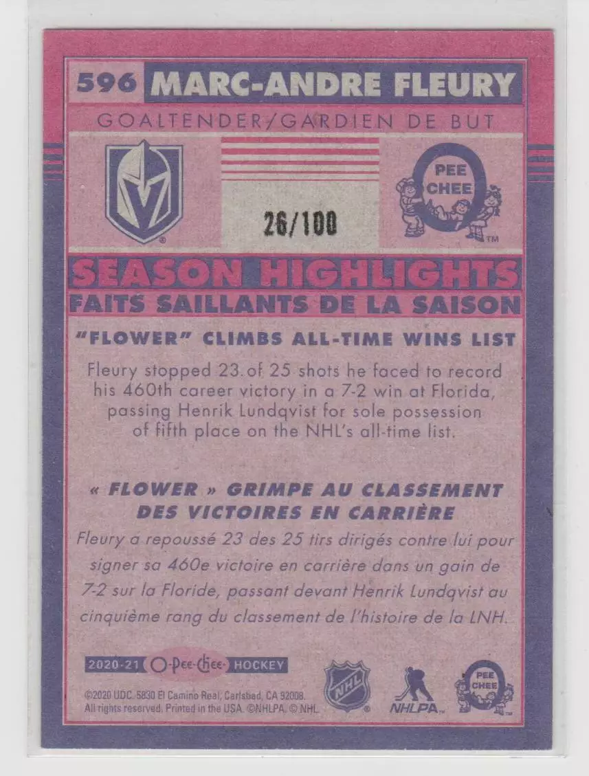 2020-21 O-Pee-Chee Retro Black #596 Marc-Andre Fleury SH 26\100 1