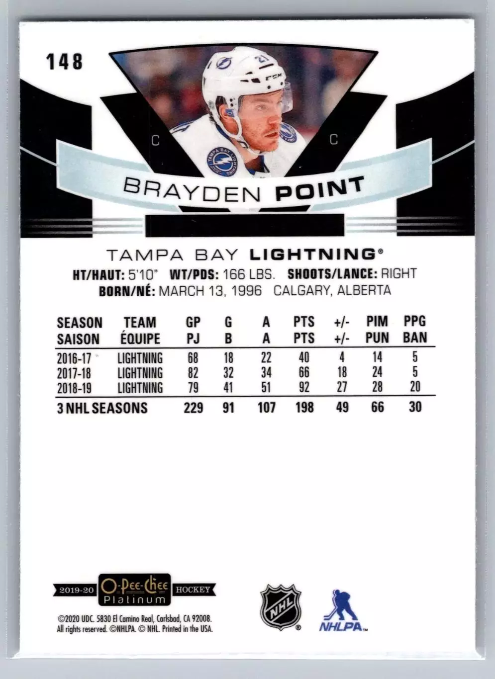 2019-20 O-Pee-Chee Platinum #148 Brayden Point 1