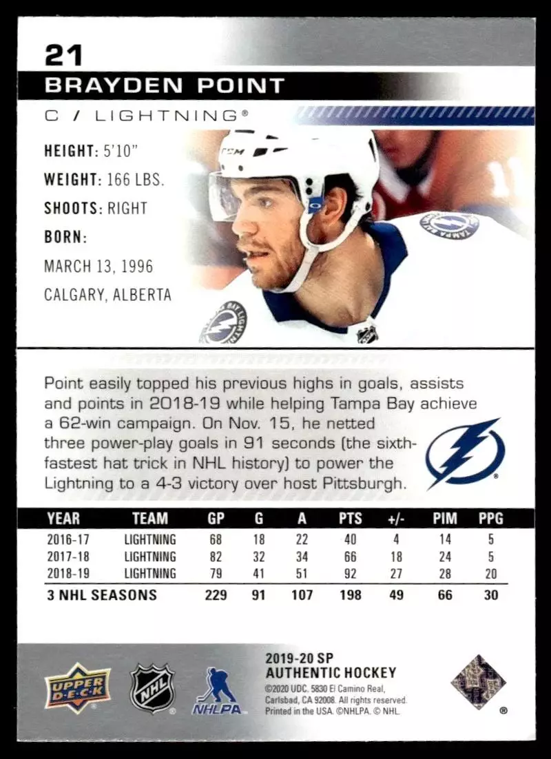 2019-20 SP Authentic #21 Brayden Point 1