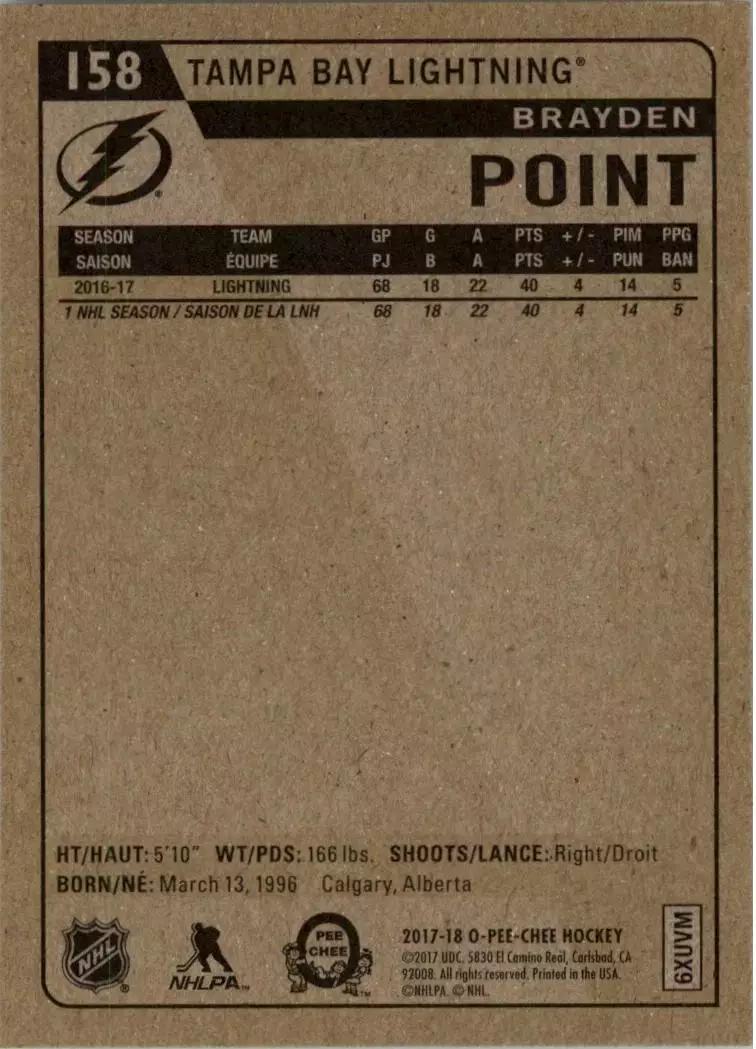 2017-18 O-Pee-Chee Retro #158 Brayden Point 1