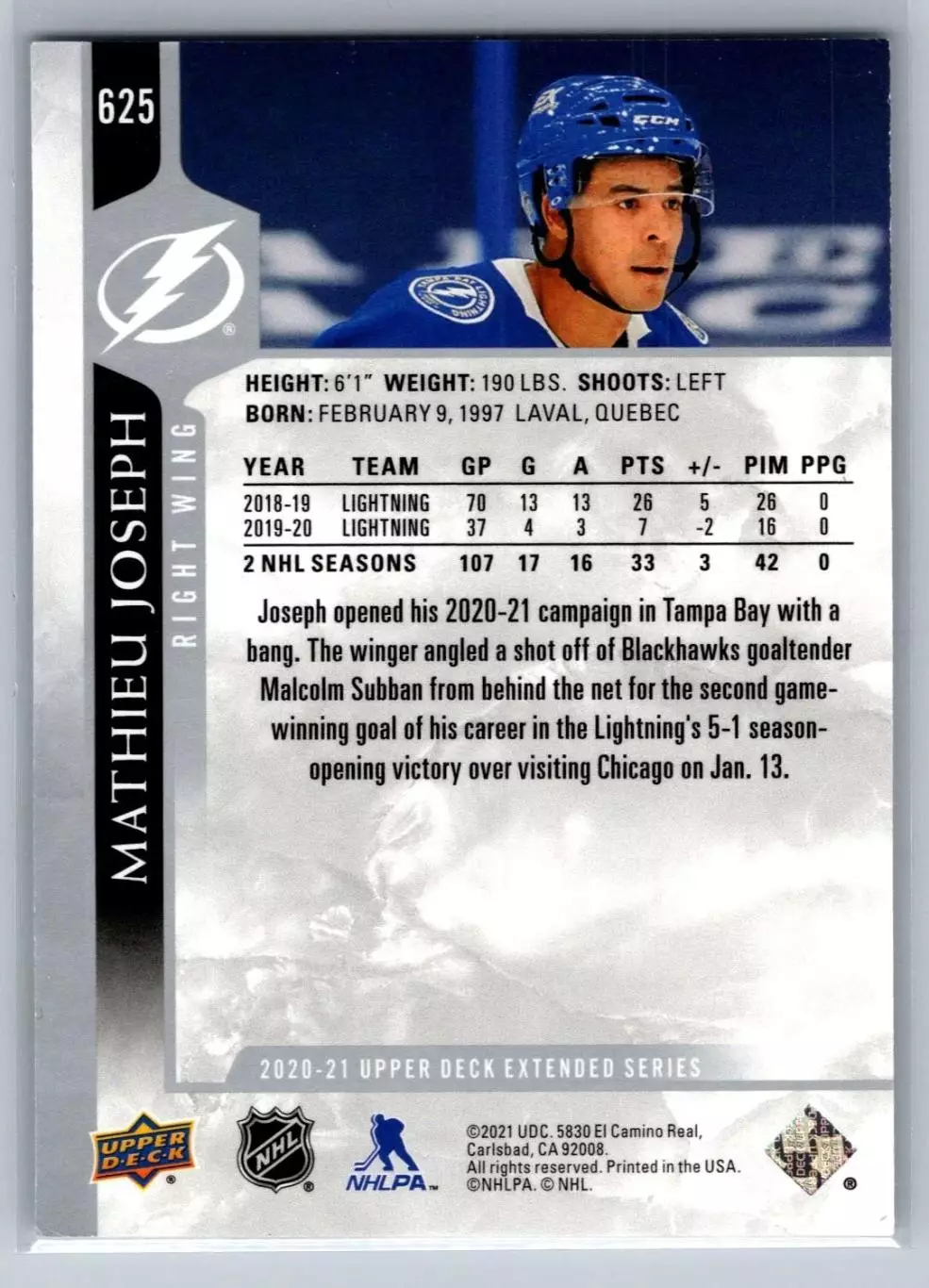 2020-21 Upper Deck #625 Mathieu Joseph 1
