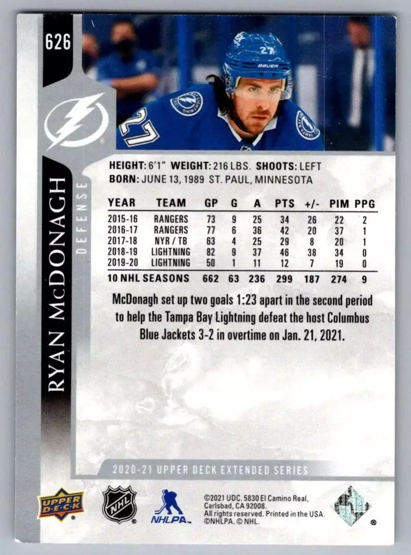2020-21 Upper Deck #626 Ryan McDonagh 1