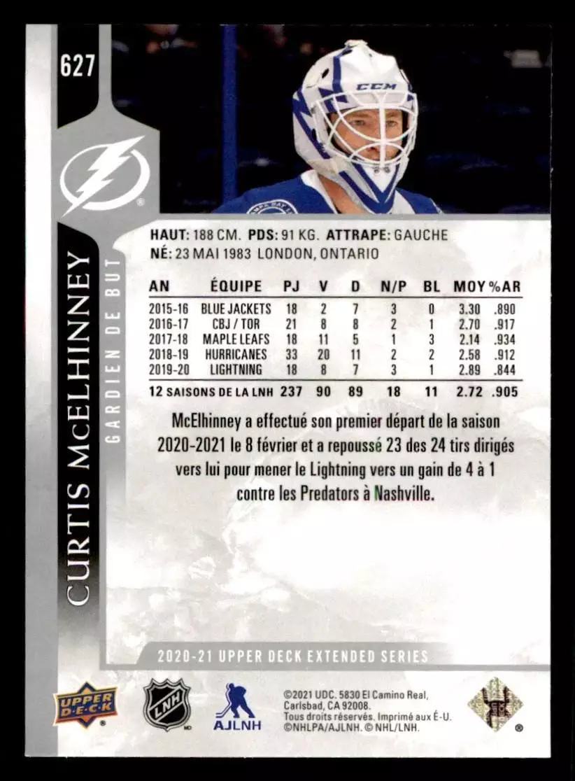 2020-21 Upper Deck #627 Curtis McElhinney 1