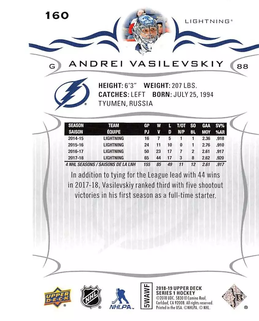 2018-19 Upper Deck #160 Andrei Vasilevskiy 1