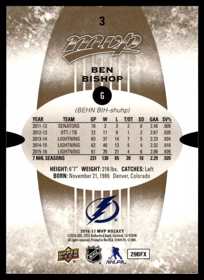 2016-17 Upper Deck MVP #3 Ben Bishop 1
