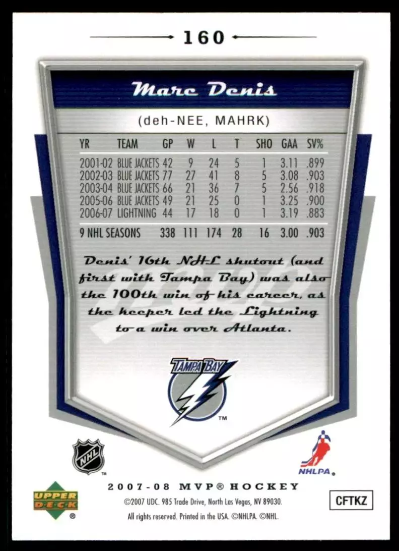 2007-08 Upper Deck MVP #160 Marc Denis 1