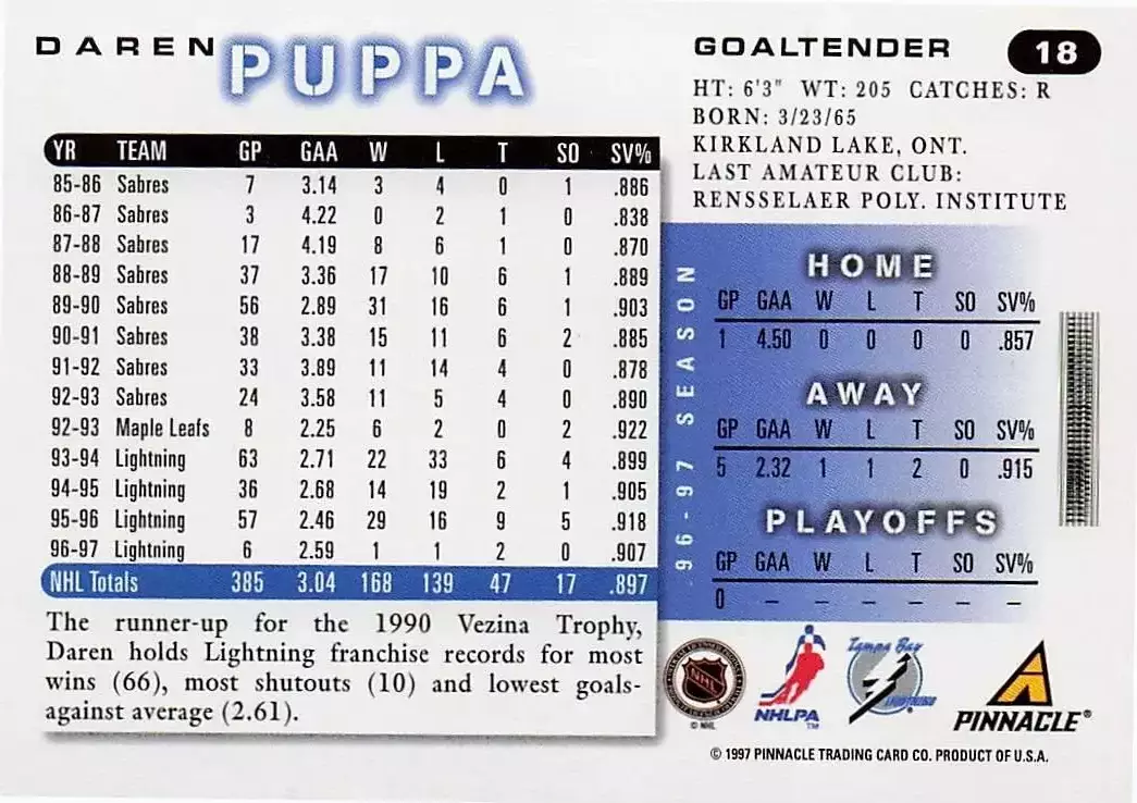 1997-98 Score #18 Daren Puppa 1
