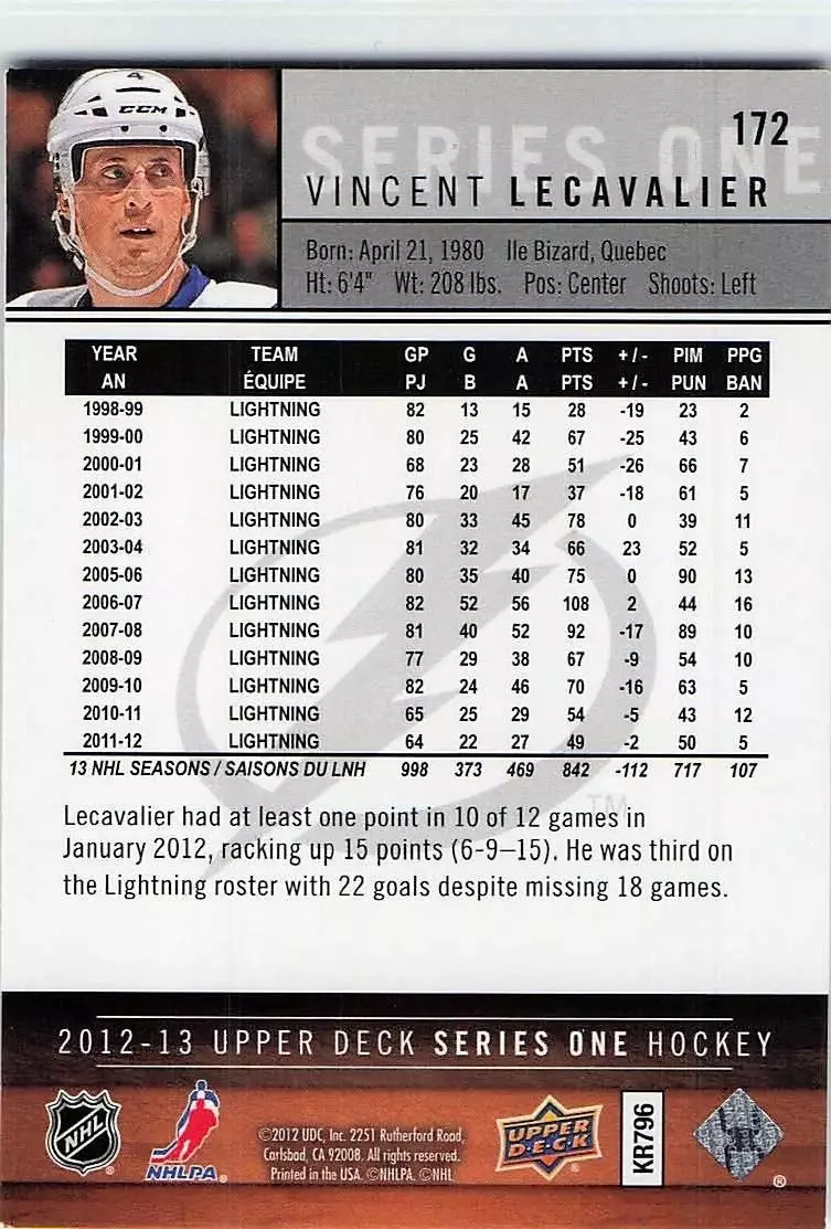 2012-13 Upper Deck #172 Vincent Lecavalier 1