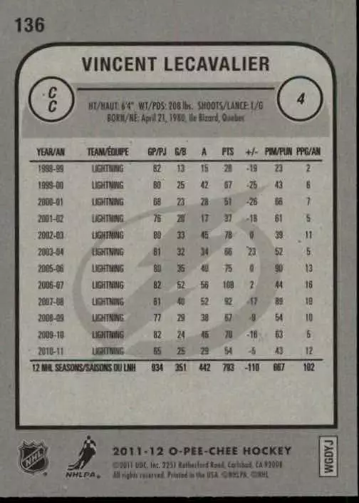 2011-12 O-Pee-Chee #136 Vincent Lecavalier 1