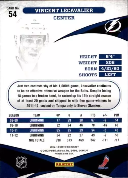 2012-13 Certified #54 Vincent Lecavalier 1