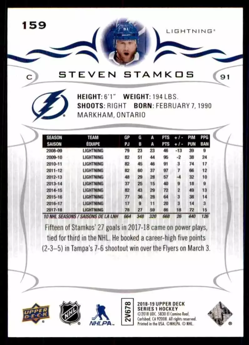 2018-19 Upper Deck #159 Steven Stamkos 1