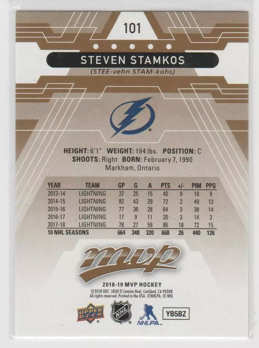 2018-19 Upper Deck MVP #101 Steven Stamkos 1
